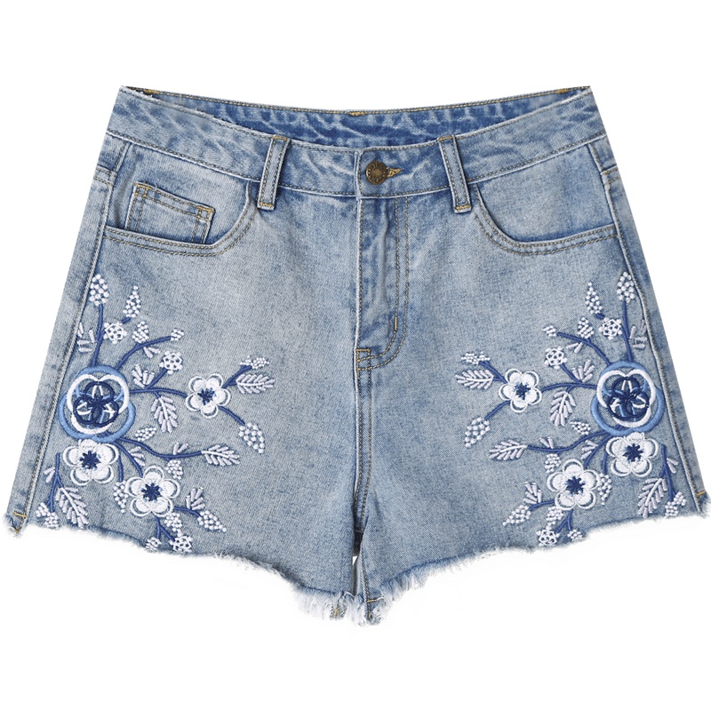 裂帛直筒牛仔短裤新款夏装刺绣毛边a字绣花百搭显瘦热裤