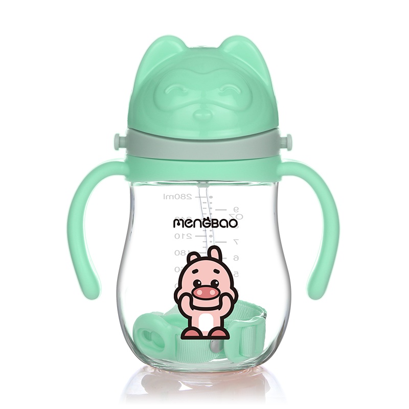 盟宝婴儿tritan学饮杯防漏防呛宝宝吸管杯带手柄挂绳儿童防摔水杯280ml绿色