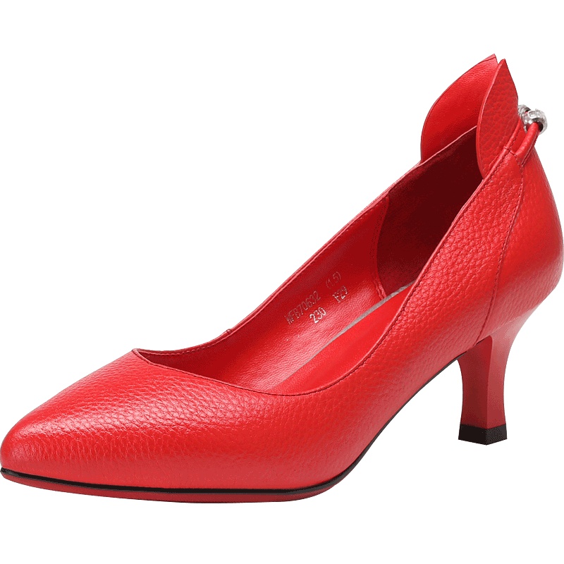 红蜻蜓女鞋春季高跟鞋细跟头层牛皮浅口职场尖头皮鞋