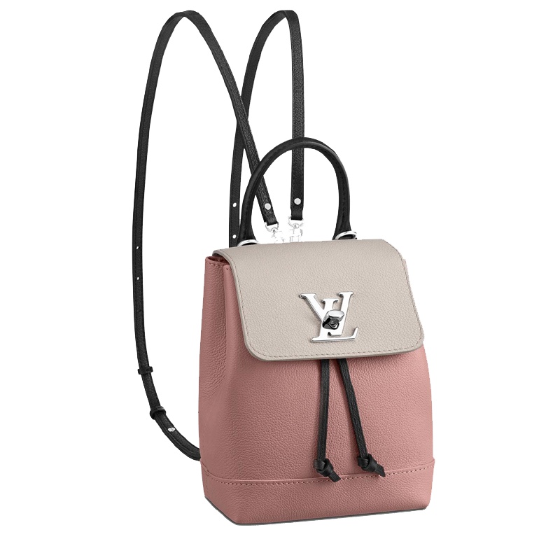 海外直邮路易威登LV女包Lockme 迷你双肩包可调节肩带玫瑰芭蕾粉牛皮手提双肩包M53195