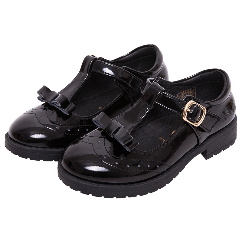 芭比童鞋女童皮鞋春秋新款儿童黑色鞋子英伦风小公主真皮演出鞋