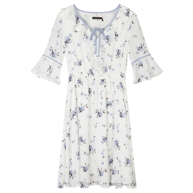 【苏】Laetia拉夏贝尔雪纺连衣裙女装夏季新款韩版时尚气质V领收腰显瘦短袖中长裙子