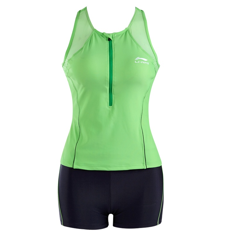 李宁(LI-NING)女士分体泳衣修身游泳衣女黑色小胸聚拢遮肚显瘦保守运动温泉泳装LSLM114带胸垫无钢托涤纶泳衣女