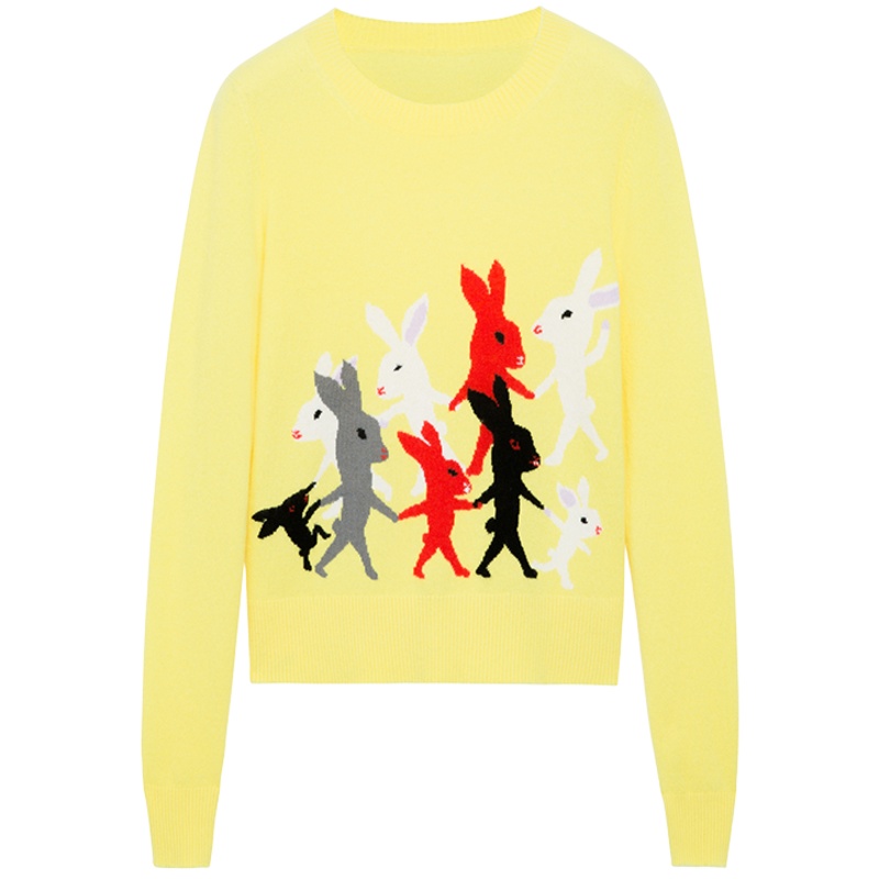 鄂尔多斯ERDOS 早秋轻薄兔子提花撞色时尚圆领羊绒衫针织衫女毛衣