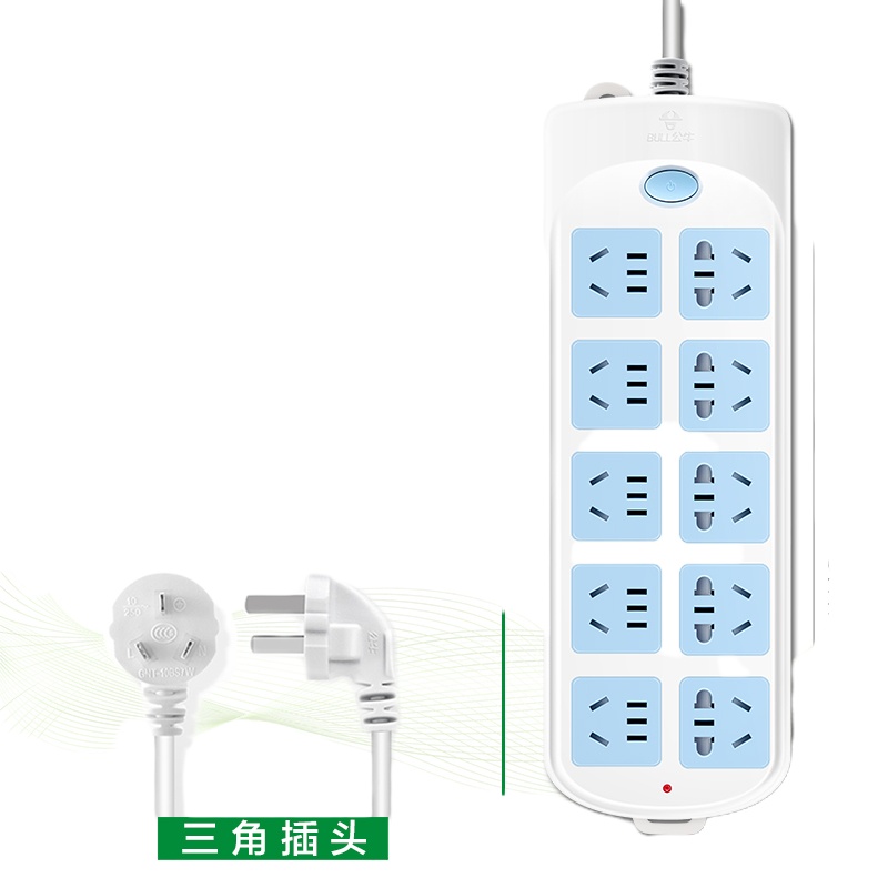 bull公牛插座插排插板带线正品家用多孔面板拖接线板电源插座带保护门GN605-10位插-3米[过载保护]