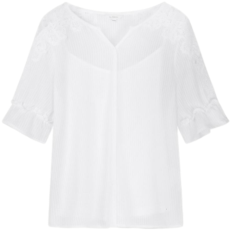 拉夏贝尔蕾丝打底衫拉贝缇夏装新款宽松雪纺上衣洋气v领衬衣仙女范春_202 S 白色