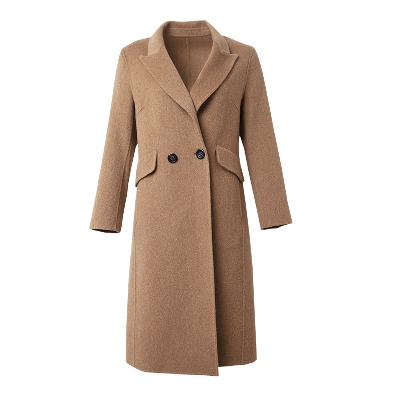 晩白 新品职业OL纯色中长款翻领双排扣羊毛呢大衣外套