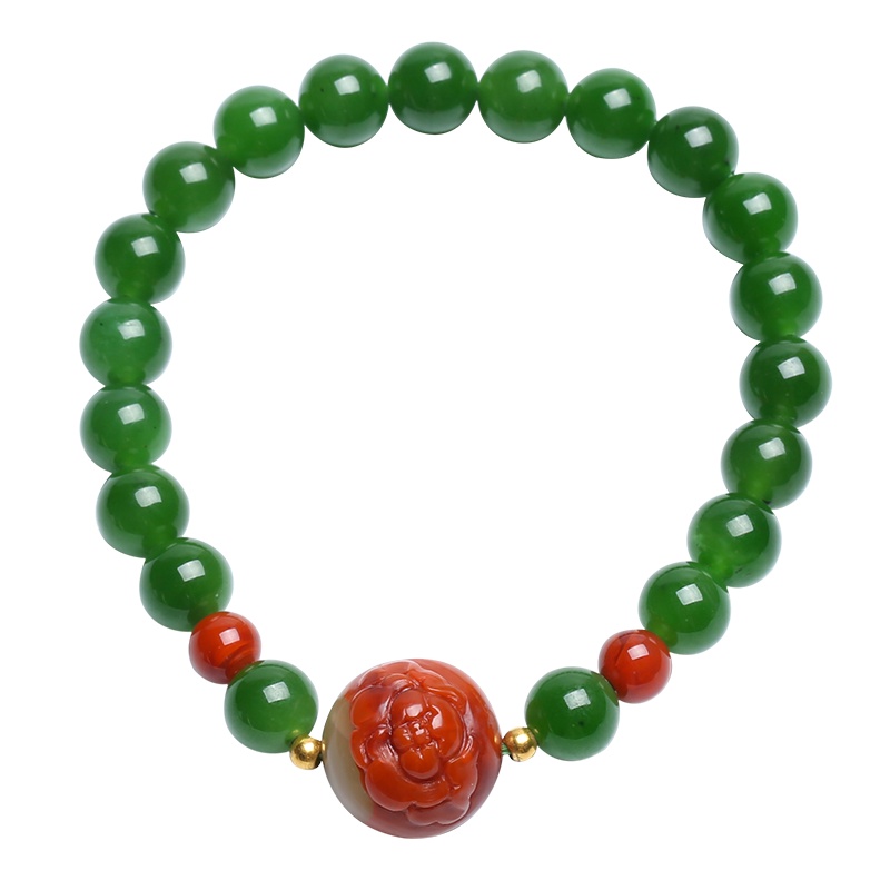 印象眸 和田玉碧玉圆珠手串 碧玉珠配南红花朵男女款玉石手链 附送证书