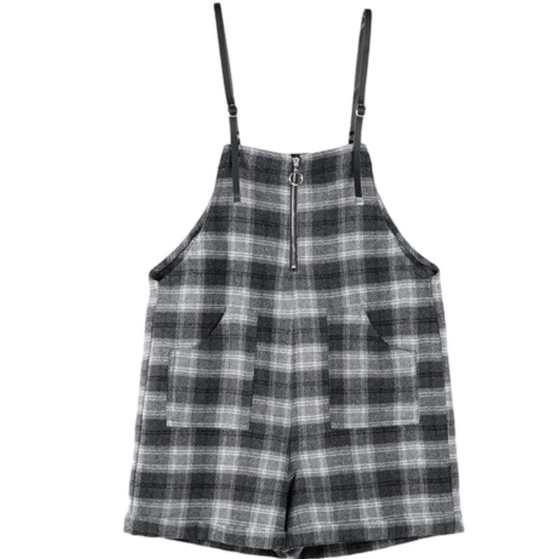 Puella拉夏贝尔旗下韩版显瘦连体裤子短款格子背带裤女宽松休闲裤