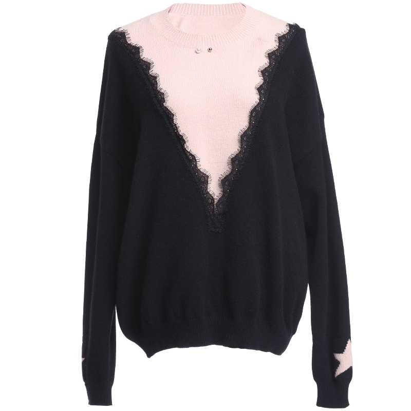 欧昵雪秋冬季圆领睫毛蕾丝拼接套头毛衣女宽松遮肚针织衫