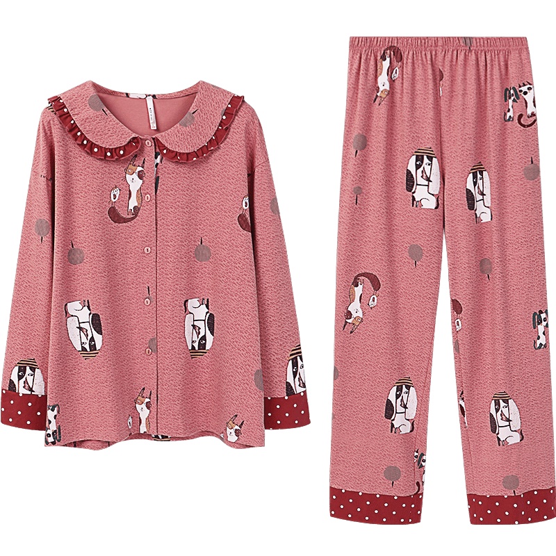 安之伴睡衣女秋针织复古可外穿优质韩尔棉少女家居服印花长袖女套装