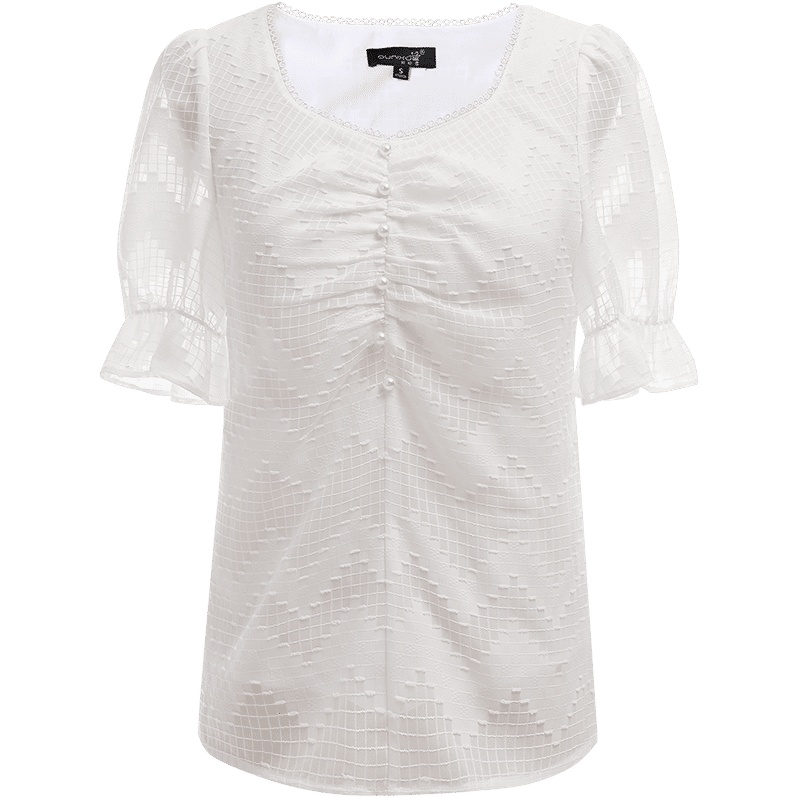欧昵雪夏季花边方领泡泡短袖雪纺衫女设计感小众显瘦上衣