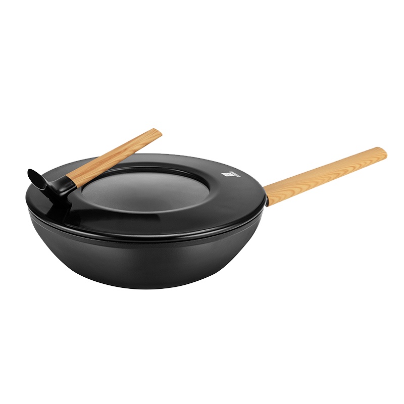 三禾不粘爆炒锅等离子黑科技无油烟电磁炉燃气通用锅30cm黑白双娇系列 黑色