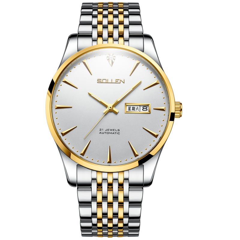 梭伦(SOLLEN)手表男超薄新款正品自动机械表夜光防水镶钻商务时尚休闲潮流简约双日历男表SL9030
