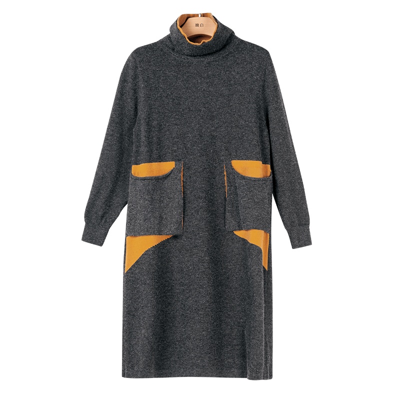 晚白2020秋冬新品通勤简约立领宽松休闲范纯色毛衣裙针织连衣裙女