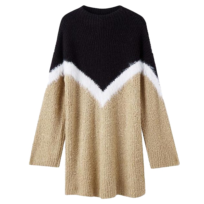 【专柜同款】7M莫丽菲尔韩版外穿上衣宽松学生圆领慵懒风拼接毛衣女70011566