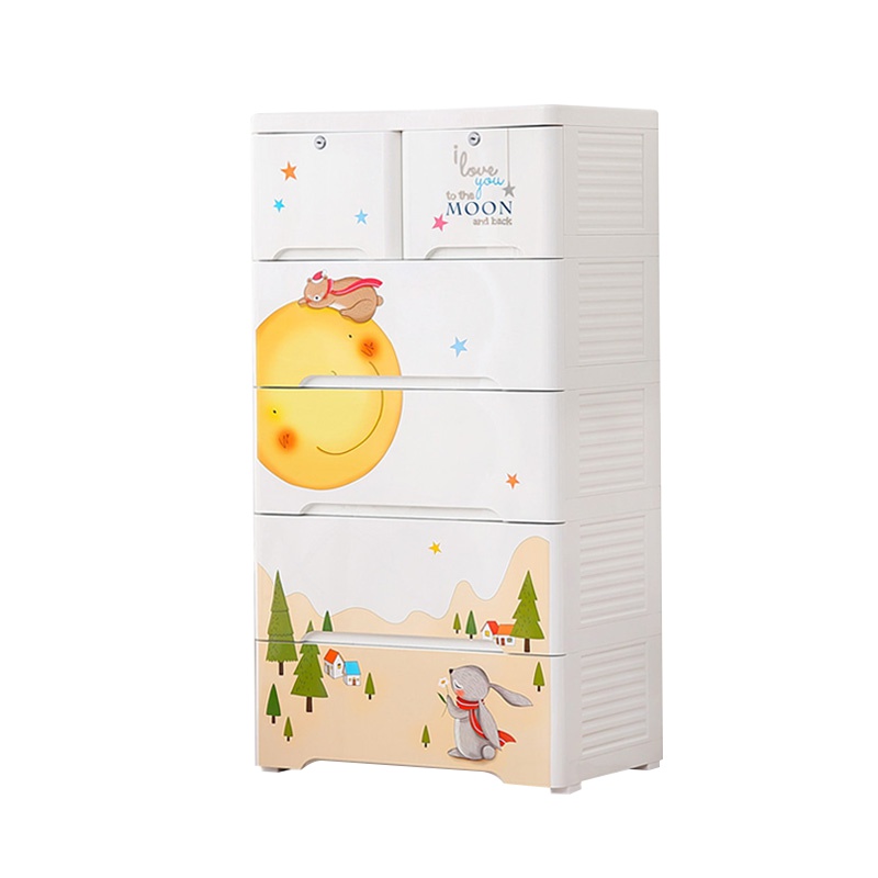 也雅(Yeya)塑料收纳柜子衣柜52225K儿童储物柜抽屉收纳箱(带抽屉锁)和月亮说晚安270L五层其他收纳层架