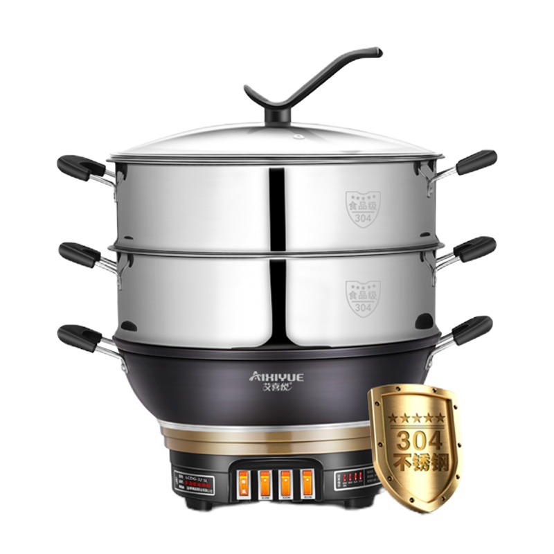 多功能铸铁电热锅电蒸锅蒸煮一体式家用锅生铁电火锅炒菜电炒锅 普通款38CM双笼(304不锈钢笼屉)