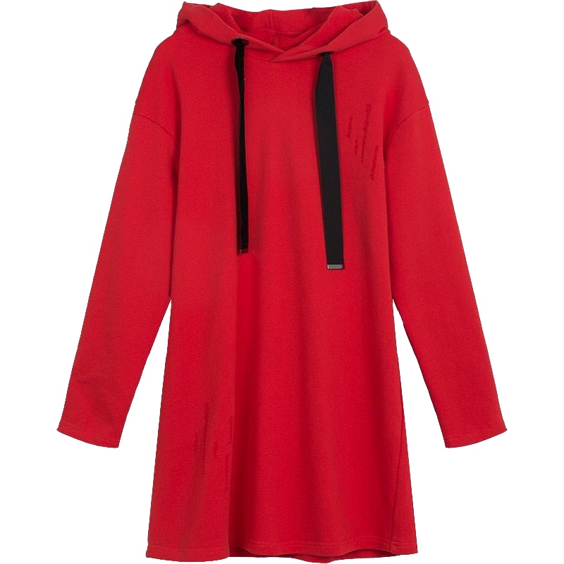 7M韩版宽松连帽秋季新款红色中长A字卫衣连衣裙女70008580