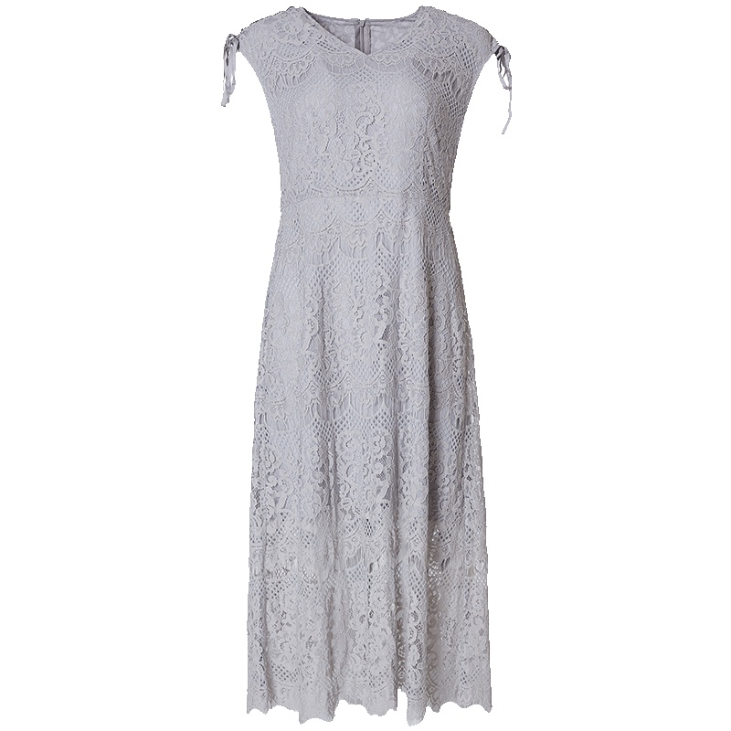 LIEDOW蕾朵夏季白色镂空无袖蕾丝连衣裙修身v领a字长裙沙滩裙仙女