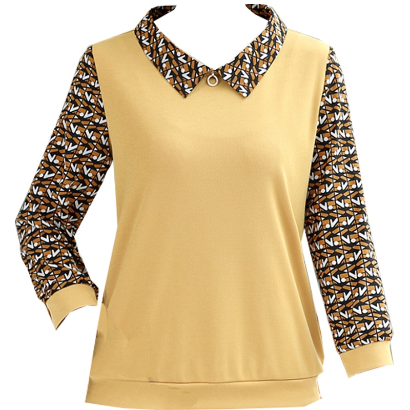 蓝旗(BLUEG)春款妈妈装中老年翻领撞色拼接长袖女士上衣