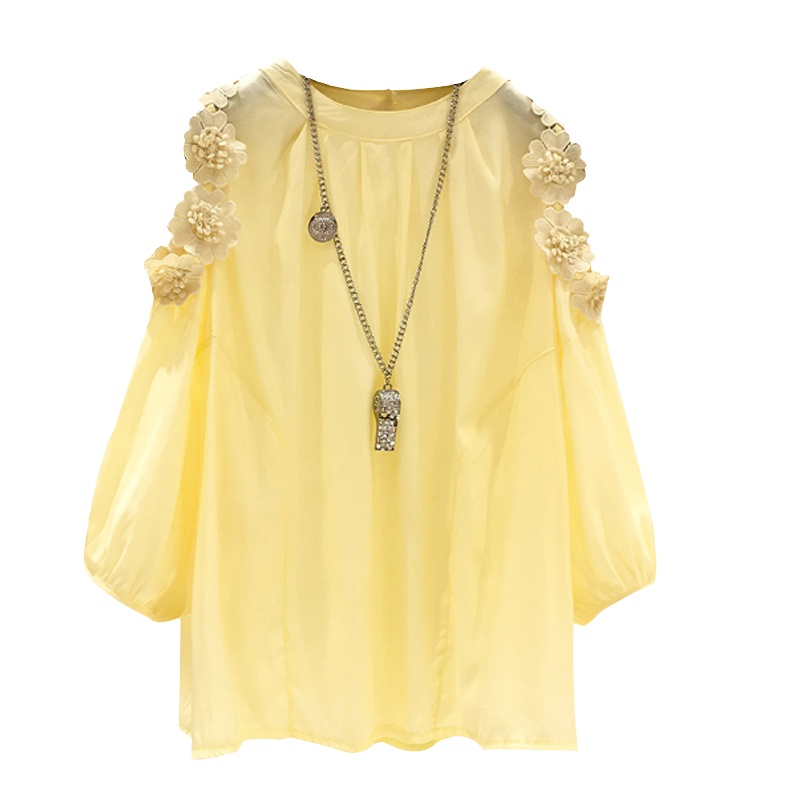  花朵露肩雪纺衫女中袖2020夏季新款韩版宽松遮肚子很仙的上衣潮