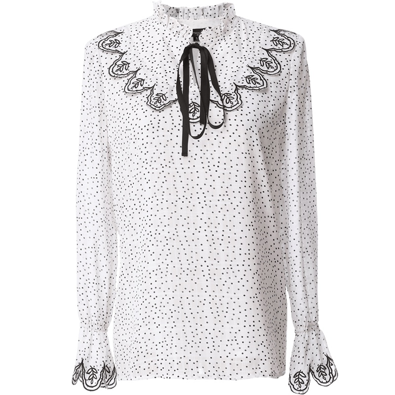 欧昵雪秋装木耳边立领蝴蝶结绣花波点雪纺衫女花瓣袖上衣