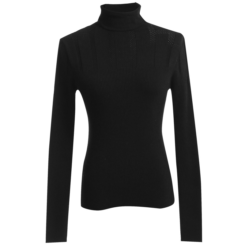 欧昵雪冬装坑条拼接高领套头毛衣女长袖紧身针织打底衫