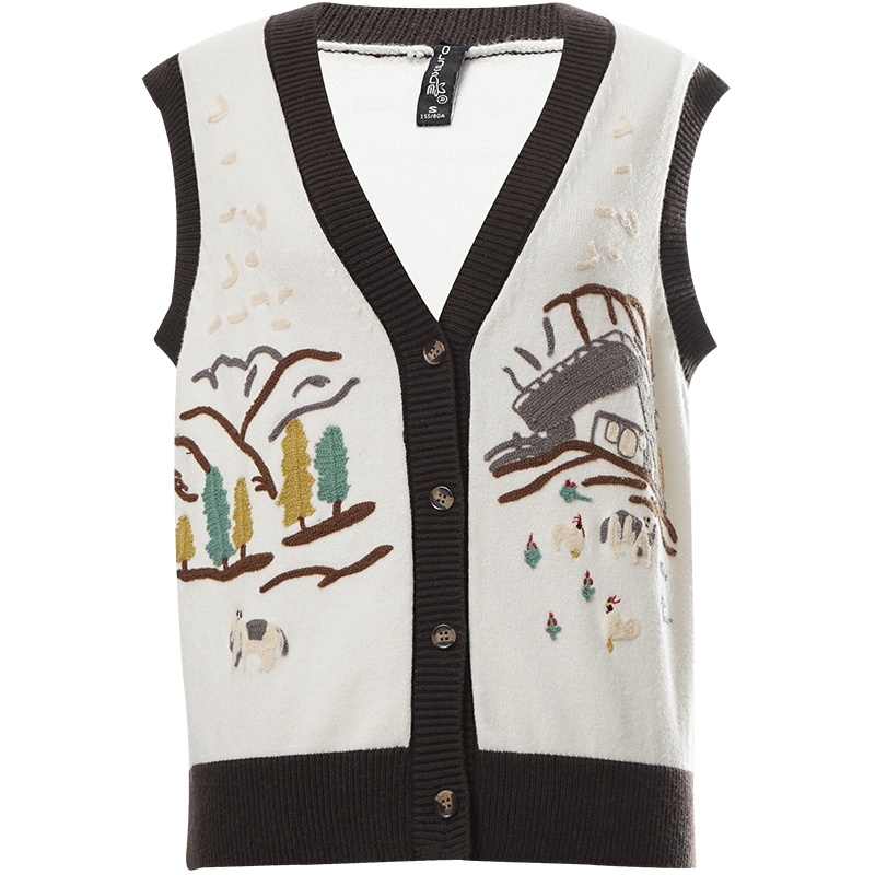 OUNIXUE欧昵雪 | [罗纹拼接V领毛衣马甲]秋冬季宽松针织衫背心上衣女士马夹