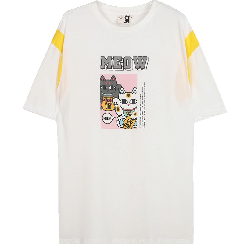 a02新款2020玩趣猫卡通印花撞色拼接短袖圆领T恤女DTV2C0091KT