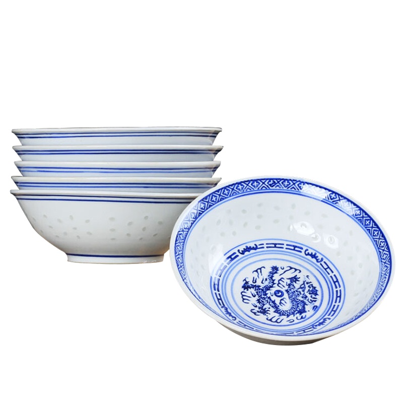 陶瓷饭碗浅碗1个装龙纹景德镇青花玲珑 高温釉下彩餐具微波炉适用 口径15x高度5x底径7厘米