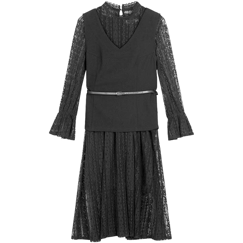 拉贝缇秋季套装女连衣裙女时尚休闲显瘦气质成熟腰带蕾丝长袖背心60005881