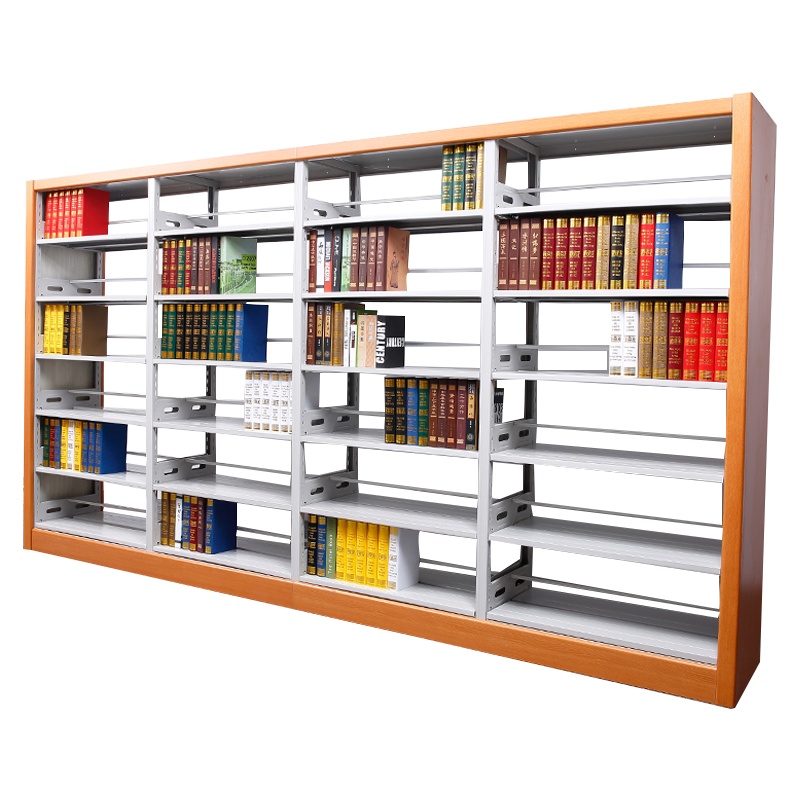 永格学校图书馆书架钢制资料展示架阅览室木护板双面书架 一列4组