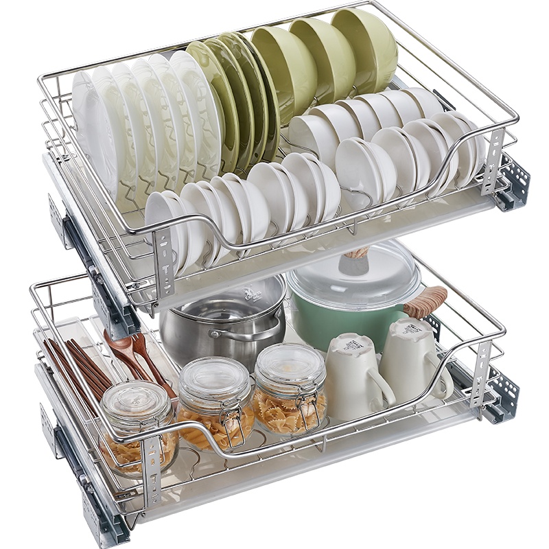 卡贝橱柜拉篮304不锈钢收纳架调味篮抽屉式厨房厨柜碗碟架双层碗碟架