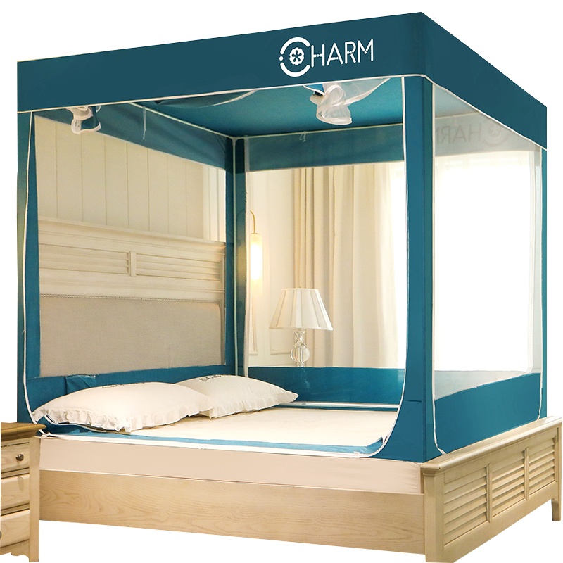 曼凝家纺 坐床式遮光三开门宫廷拉链1.5m床方顶回字底帐子1.8m米床双人床家用防摔防蚊蚊帐