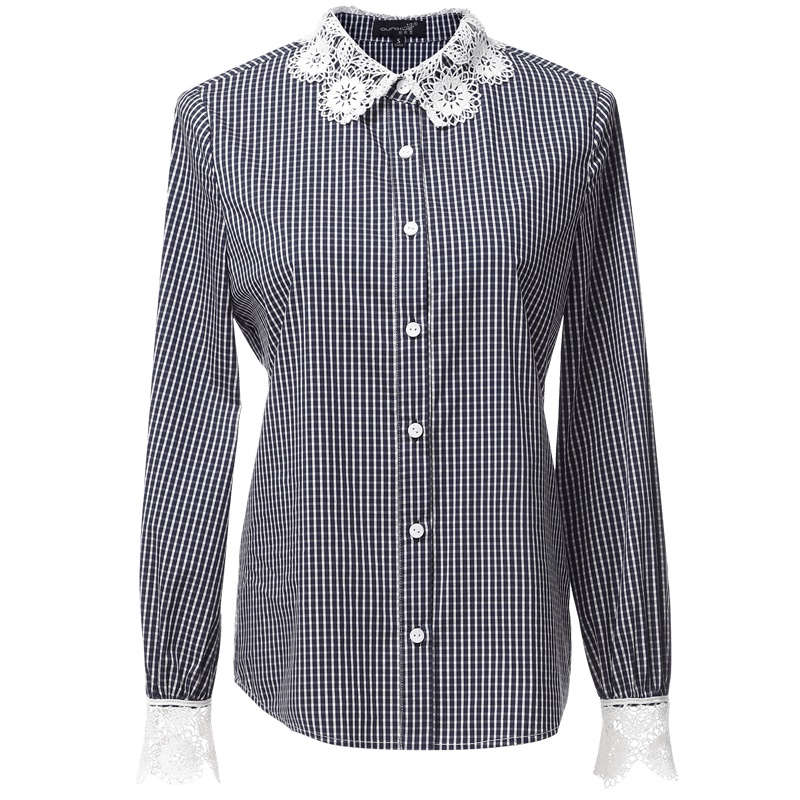 欧昵雪秋季韩版气质花边拼接翻领衬衫女长袖休闲格子衬衣