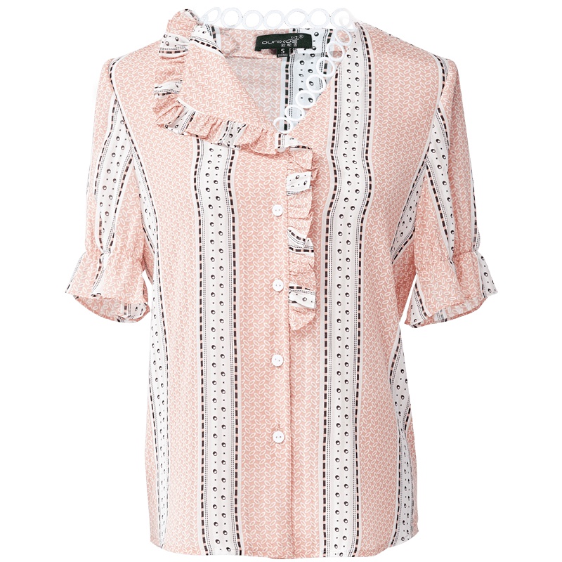 欧昵雪夏季波普风花色木耳边不对称套头上衣女短袖小衫