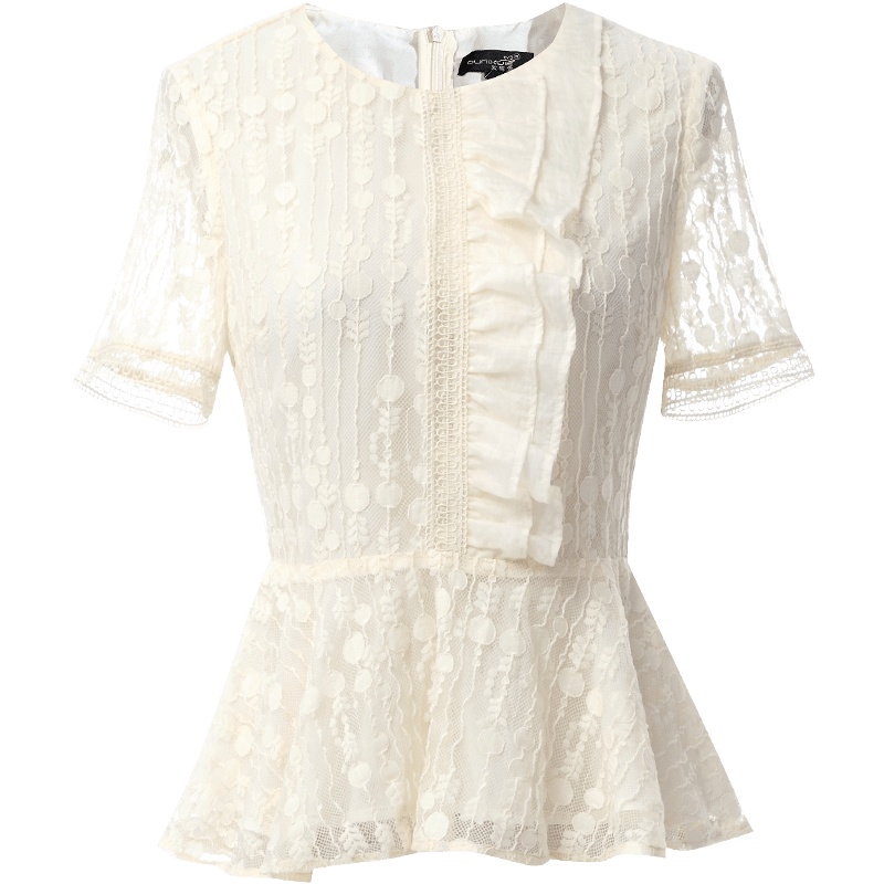 欧昵雪夏季圆领荷叶边拼接收腰短款波点蕾丝衫上衣女短袖