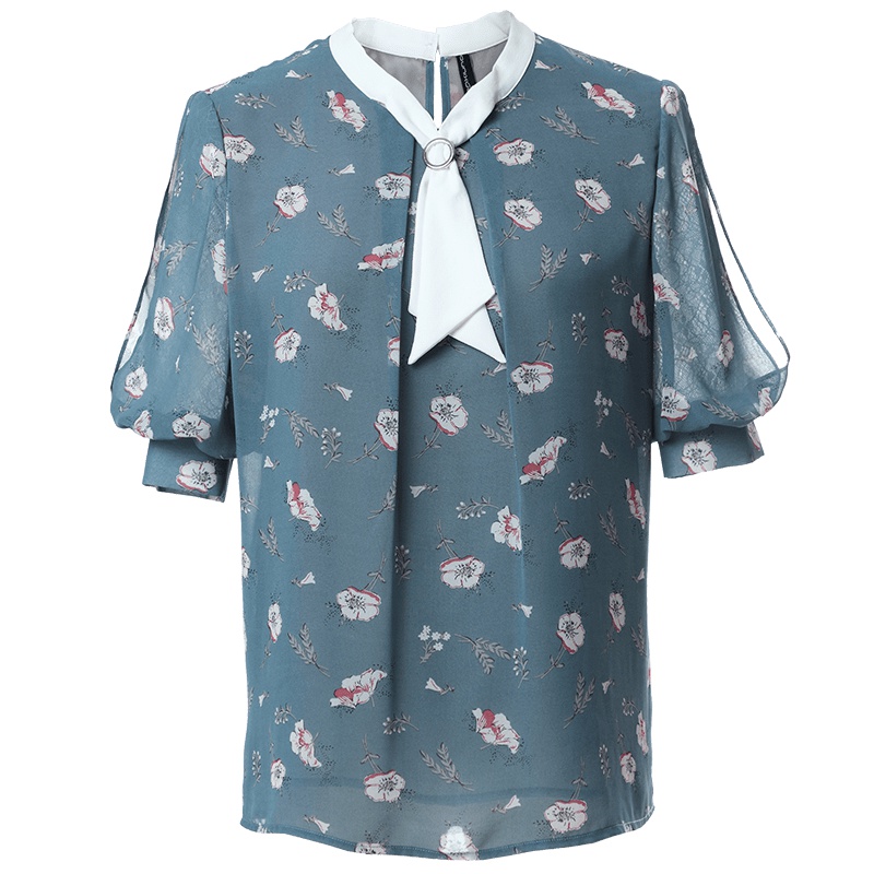 欧昵雪 夏气质OL系带碎花雪纺衫女蕾丝拼接灯笼袖短袖上衣X