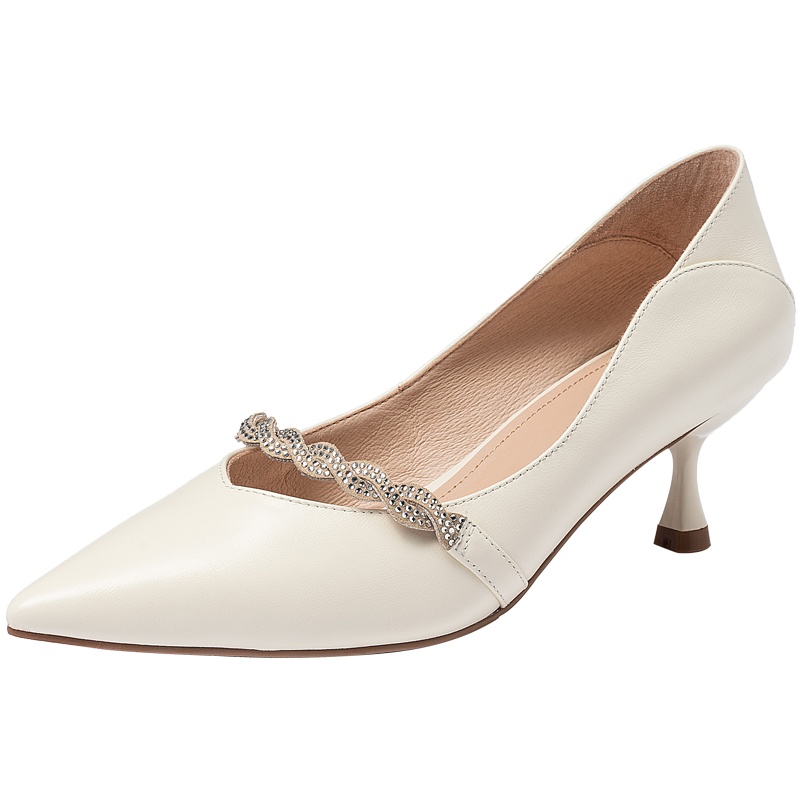 百田森秋季新款玛丽珍鞋女尖头水钻女鞋羊皮真皮细高跟单鞋女