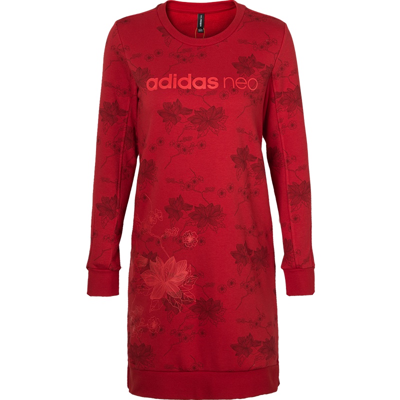 Adidas阿迪达斯 neo 2019春季 女子中国风花朵印花卫衣裙 套头连衣裙 DZ7607