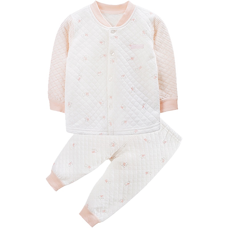 婴姿坊秋季男童女童卡通印花双层条纹拼接前开扣开襟衫两件套