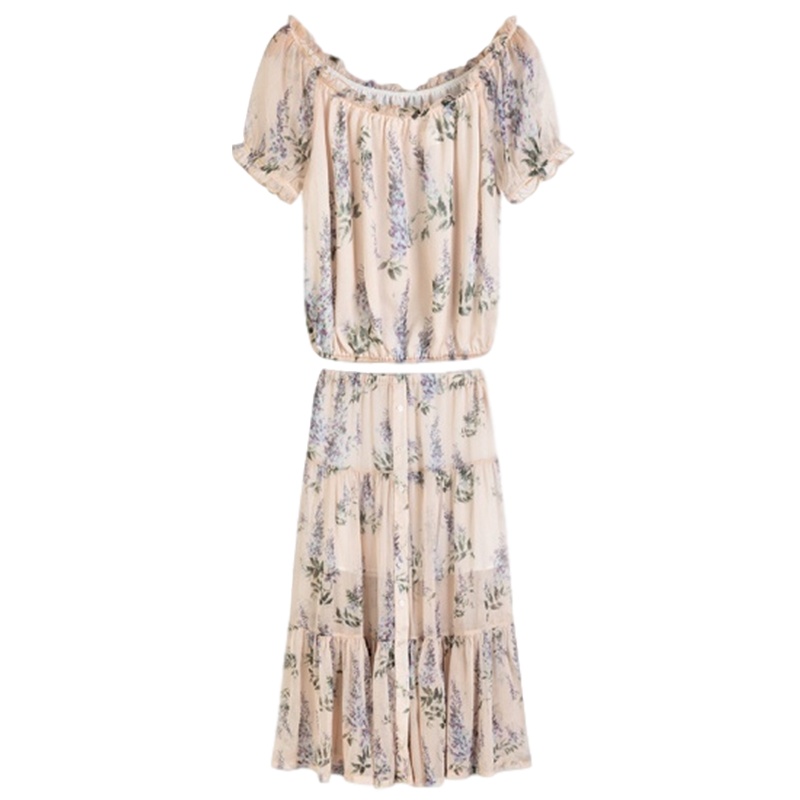 拉夏贝尔一字肩碎花女夏季新款短袖雪纺上衣仙女半身裙子两件套装