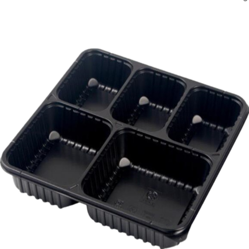 丰甲一次性黑底透明盖快餐饭盒ZR-335长方形五格加厚塑料带盖碗200只装