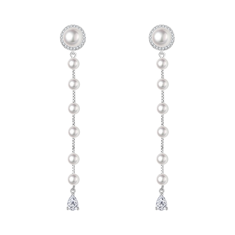 DTOTO 显脸瘦耳环女长款纯银高亮珍珠耳坠流苏耳线