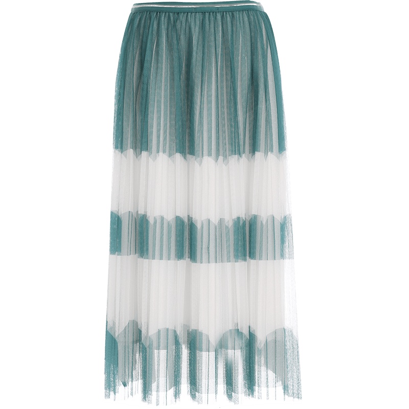 欧昵雪高腰显瘦撞色百褶网纱半身裙女中长款a字裙子