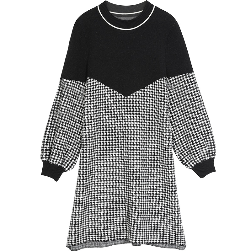妖精的口袋黑色拼接千鸟格连衣裙2019秋冬季新款女小个子针织裙子