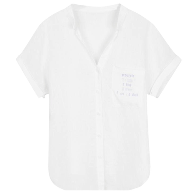 【专柜同款】拉夏贝尔夏款短袖简约衬衫女韩版宽松V领字母印花麻衬衣10018400 白色 S