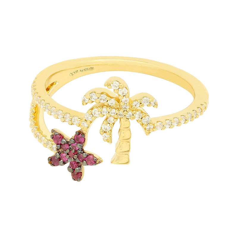 apm MONACO热带花卉与棕榈树戒指女士 热带风时尚925银指环食指戒饰品