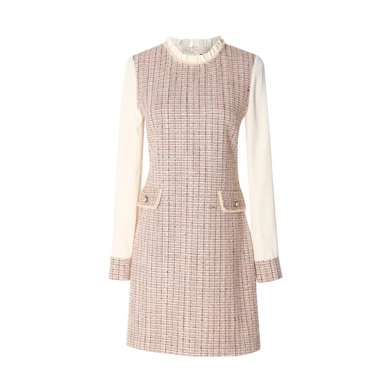 欧昵雪木耳边立领粗毛呢格子拼接雪纺长袖假两件连衣裙女